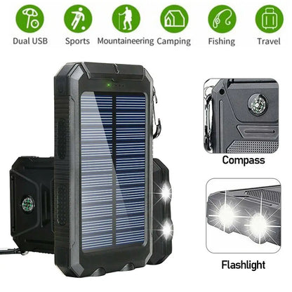 New 20000Mah Solar Power Bank Outdoor Waterproof Solar Power Charging Bank 2Usb Led Battery Charger for Cell Phone with Buckle